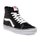 Close-up of the Vans Sk8-Hi in black and white showing the lace-up closure and padded high-top collar. Classic skate shoe with suede and canvas uppers, reinforced toe cap, iconic white Sidestripe, and Vans’ waffle outsole for grip and durability.