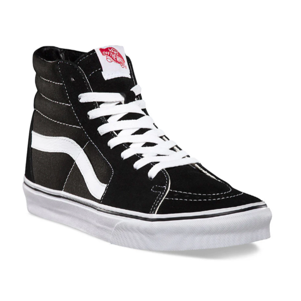 Close-up of the Vans Sk8-Hi in black and white showing the lace-up closure and padded high-top collar. Classic skate shoe with suede and canvas uppers, reinforced toe cap, iconic white Sidestripe, and Vans’ waffle outsole for grip and durability.