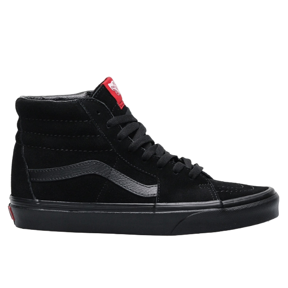 Profile view of the Vans Sk8-Hi in all black suede, featuring the classic high-top silhouette with padded collar, reinforced toe cap, and Vans’ iconic waffle outsole for skate-ready grip and durability.
