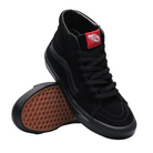 Vans Sk8-Hi shoes in black on black suede shown as a pair, with one shoe displaying the signature rubber waffle tread. Iconic high-top skate shoe featuring reinforced toe cap, padded collar, and durable canvas-suede build for grip and lasting performance.