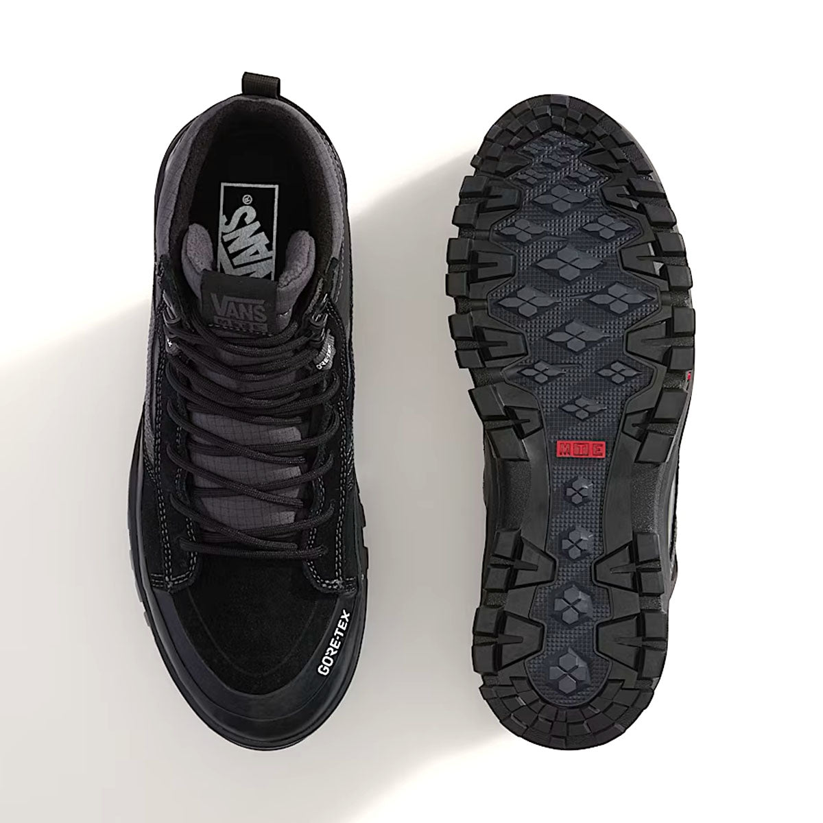 Pair of Black Vans Sk8-Hi GORE-TEX Insulated Shoes featuring waterproof protection, insulation, and aggressive all-weather traction.