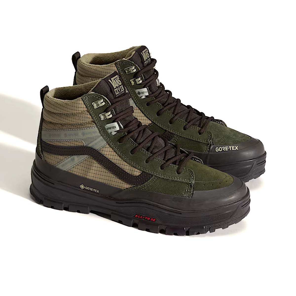 Angled view of the Vans Sk8-Hi GORE-TEX Insulated Shoe in Green Brown showcasing the durable upper, cold-weather insulation, and weather-resistant construction.