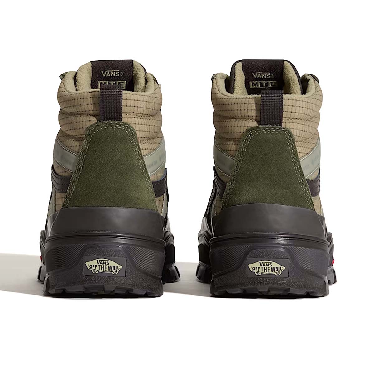Rear view of the Vans Sk8-Hi GORE-TEX Insulated Shoe in Green Brown showing the insulated high-top design, supportive heel construction, and rugged winter-ready build.