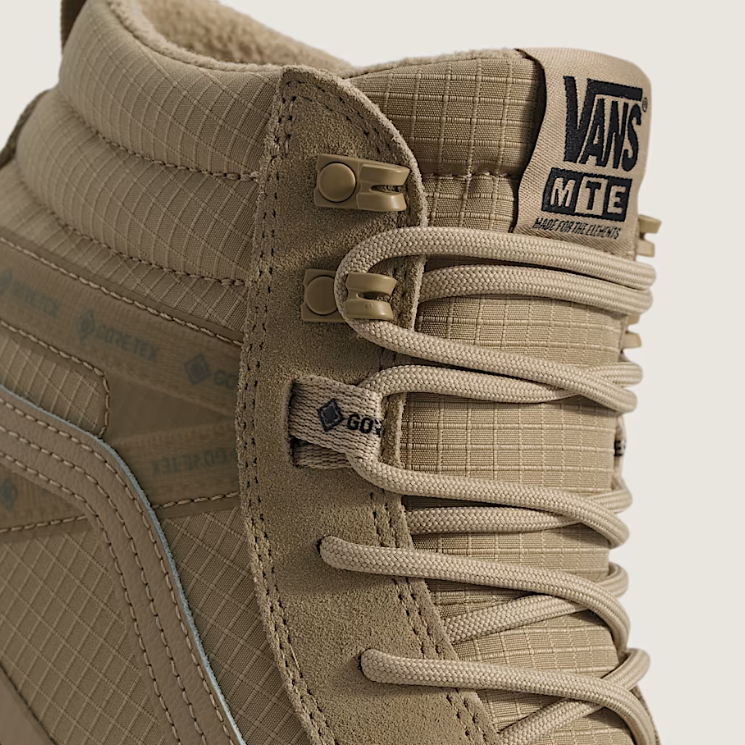 Close-up of the Vans Sk8-Hi GORE-TEX Insulated Shoe in Incense highlighting the lace system, reinforced eyelets, and weather-resistant upper materials.