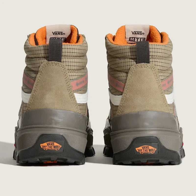 Rear view of the Vans Sk8-Hi GORE-TEX Insulated Shoe in Khaki Brown showing the insulated high-top design, supportive heel structure, and weather-resistant construction.