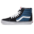 Side view of the Vans Sk8-Hi in navy and blue suede and canvas with the signature white Sidestripe. Classic high-top skate shoe featuring reinforced toe cap, padded ankle collar, lace-up closure, and Vans’ waffle outsole for grip and long-lasting durability.