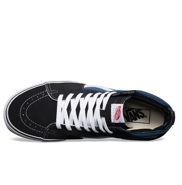 Top view of the Vans Sk8-Hi in navy and blue suede and canvas, showing lace-up closure and padded high-top collar. Classic Vans skate shoe with reinforced toe cap, iconic white Sidestripe, and waffle outsole built for grip and durability.