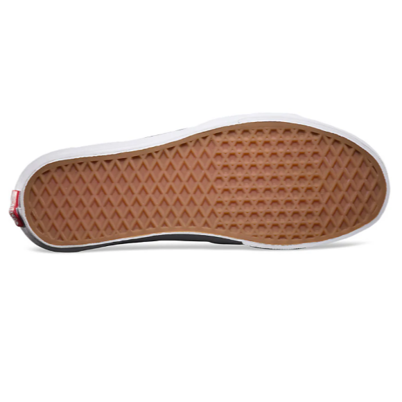 Bottom view of the Vans Sk8-Hi in navy and blue showing the iconic Vans rubber waffle tread outsole. Classic high-top skate shoe with suede and canvas uppers, reinforced toe cap, padded collar, and legendary grip built for skateboarding durability.