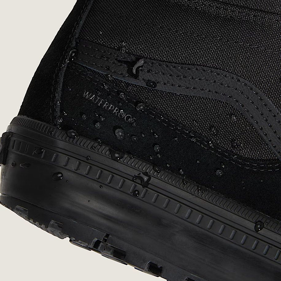 Close-up of waterproof protection on black Vans Sk8-Hi Waterproof MTE featuring HydroGuard® 360° barrier for dry, insulated performance in wet weather
