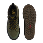 Top view of laces and bottom view of All-Trac outsole on olive green Vans Sk8-Hi Waterproof MTE, built for waterproof comfort and winter-ready traction