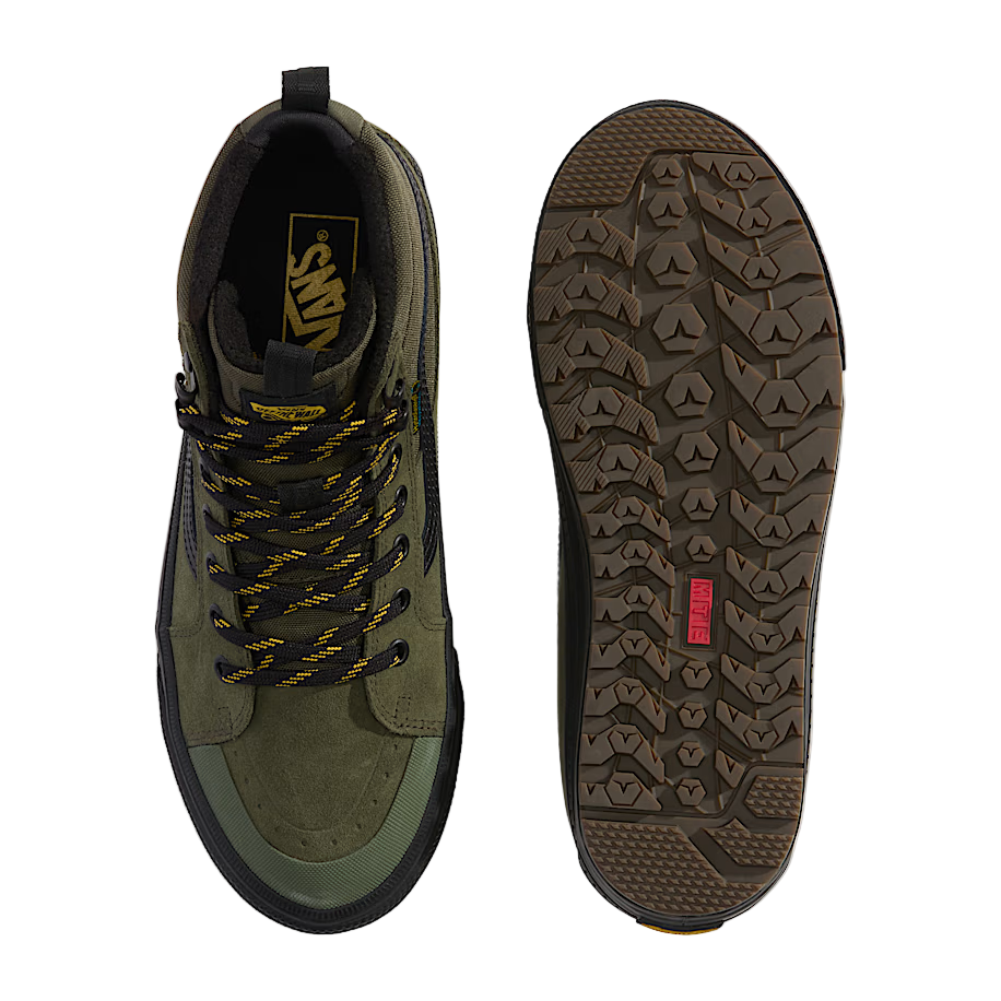 Top view of laces and bottom view of All-Trac outsole on olive green Vans Sk8-Hi Waterproof MTE, built for waterproof comfort and winter-ready traction