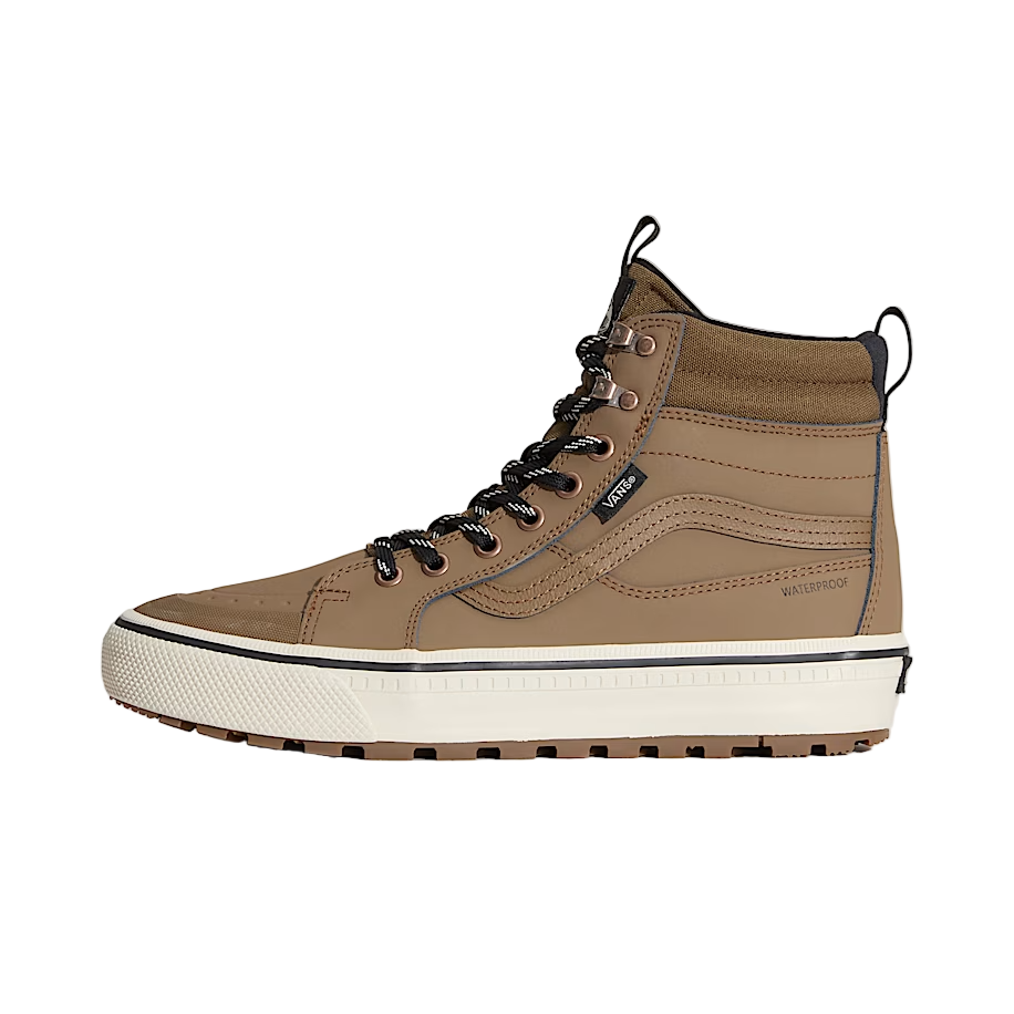 Side view of the Vans Sk8-Hi Waterproof MTE in sepia brown showing durable suede upper, HydroGuard® waterproofing, and insulated design for cold weather