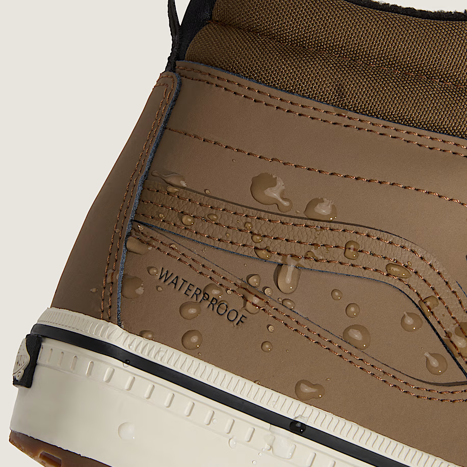 Detail view of waterproof protection on sepia Vans Sk8-Hi Waterproof MTE featuring HydroGuard® 360° barrier to keep feet dry in rain, snow, and slush