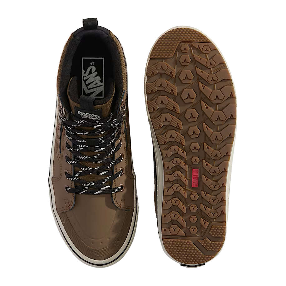 Top view of laces and bottom view of All-Trac outsole on sepia Vans Sk8-Hi Waterproof MTE, designed for waterproof warmth and traction in winter conditions