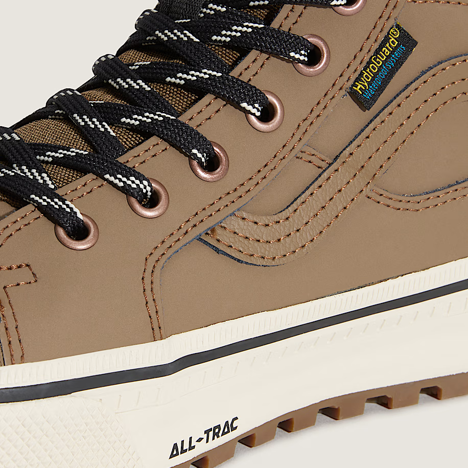 Close-up of sepia Vans Sk8-Hi Waterproof MTE showing leather upper, reinforced stitching, and premium waterproof construction for cold-weather performance