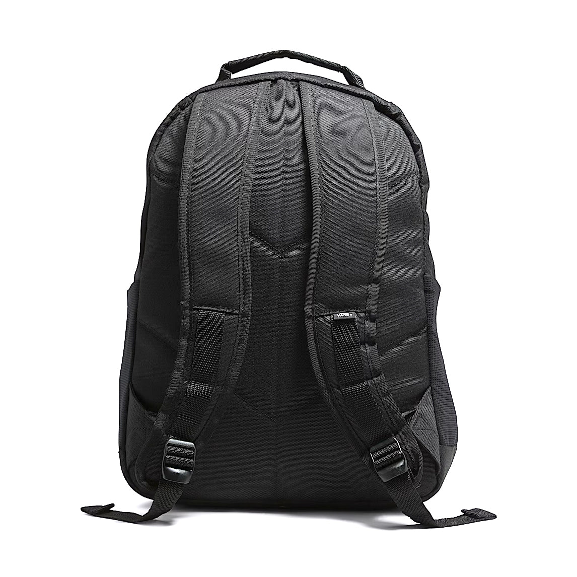 Back view of the Vans Startle Backpack in black showing padded ergonomic shoulder straps and breathable design for all-day comfort on workdays or weekends