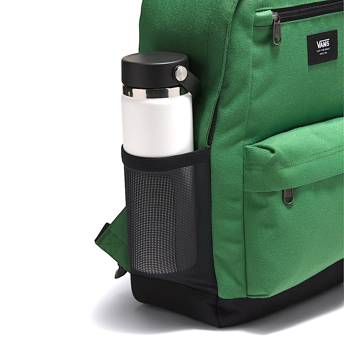 Close-up of the mesh water bottle holder on the Vans Startle Backpack in Pine Forest Green, designed for easy-access hydration on off-duty days and commutes