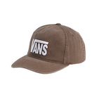 A brown Vans snapback cap with a white embroidered logo on the front, set against a light beige background.