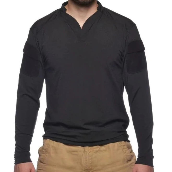 Product shot of the Velocity Systems BOSS Rugby Long Sleeve Tactical Shirt in Black, a professional-grade combat top engineered for range training, patrol duty, and full-kit operations. Made in the USA with 4-way stretch nylon-spandex fabric, Odorexx™ antimicrobial treatment, and UV protection, this long sleeve tactical base layer delivers superior breathability, moisture wicking, and mobility for law enforcement, military, and training environments.