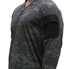 Detail shot of the Velocity Systems BOSS Rugby Long Sleeve Combat Shirt showing the modern low-profile collar and articulated sleeve design. Built for tactical performance, range training, and law enforcement operations, this lightweight long sleeve base layer features 4-way stretch nylon-spandex fabric, Odorexx™ antimicrobial control, and dual sleeve pockets for professional functionality and comfort in the field