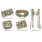Velocity Systems Jungle Butt Pack with a fully broken-out loadout, displaying the individual gear components and equipment carried inside the compact tactical utility pack.