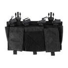 Empty front view of Velocity Systems Quad 5.56 SwiftClip Placard GP in Black highlighting four 5.56 magazine cells and three adjustable shock cord general purpose pouches, modular chest rig placard designed for organized tactical loadouts