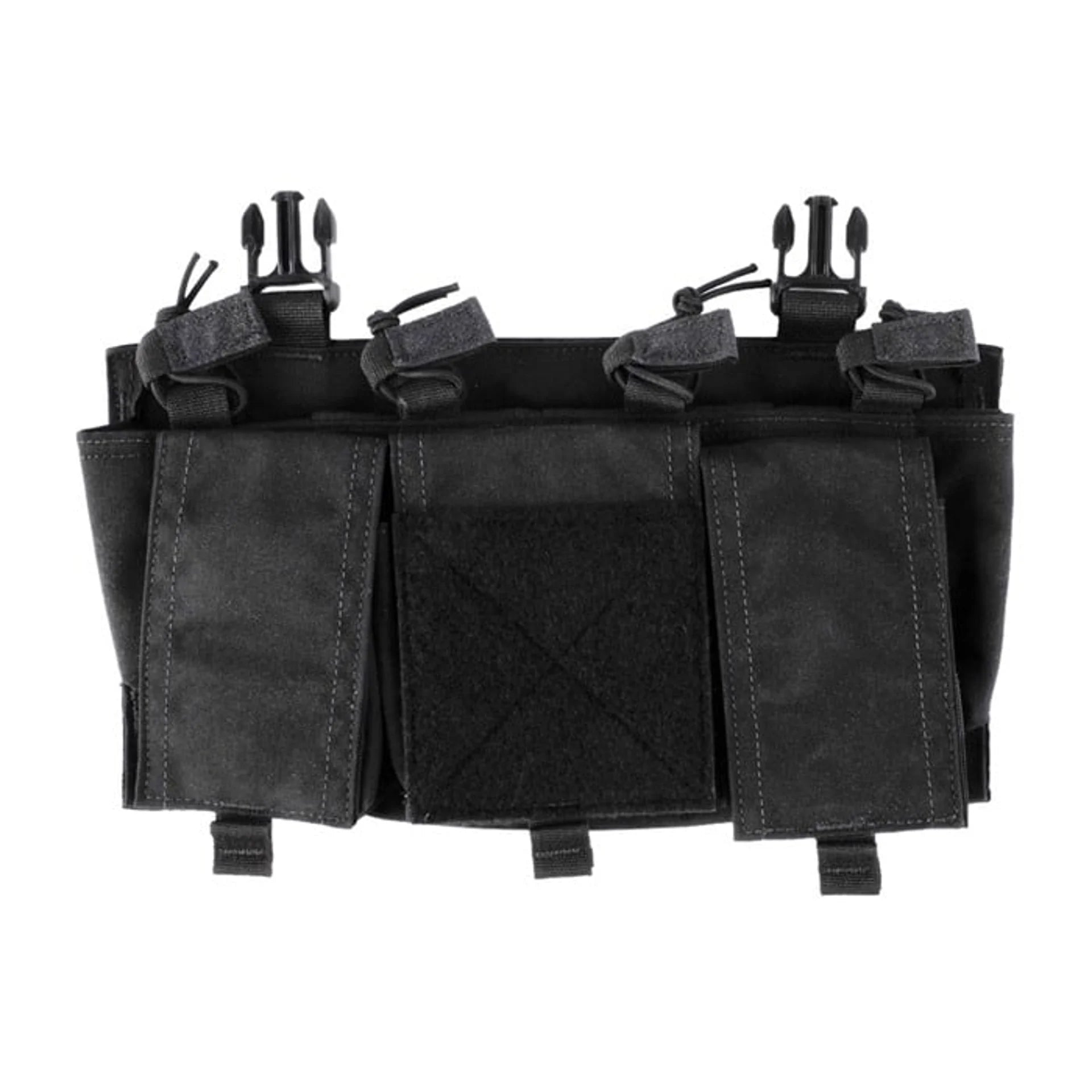 Empty front view of Velocity Systems Quad 5.56 SwiftClip Placard GP in Black highlighting four 5.56 magazine cells and three adjustable shock cord general purpose pouches, modular chest rig placard designed for organized tactical loadouts