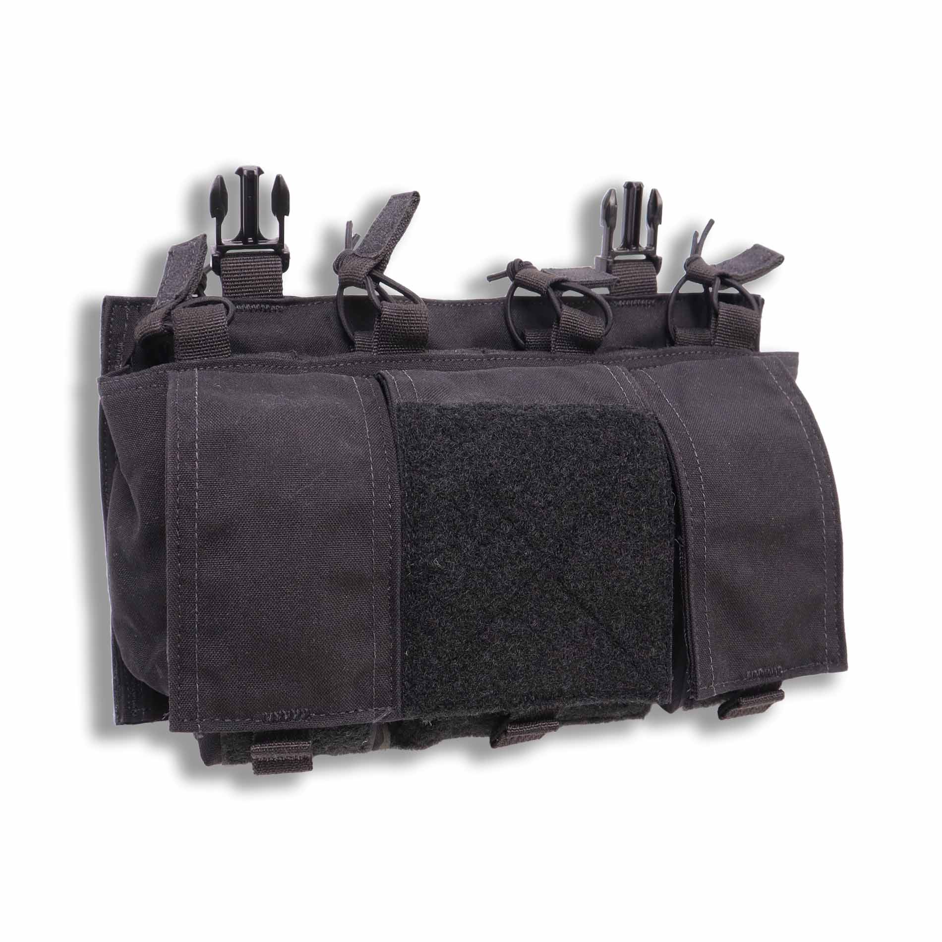 Velocity Systems Quad 5.56 SwiftClip Placard GP in Black front product photo, modular 5.56 mag placard with four rifle magazine slots and three general purpose admin pouches designed for SwiftClip plate carrier integration and streamlined tactical setups
