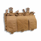 Velocity Systems Quad 5.56 SwiftClip Placard GP in Coyote Brown front product image, modular 5.56 magazine placard with integrated general purpose storage pouches and SwiftClip attachment system built for plate carriers and chest rigs
