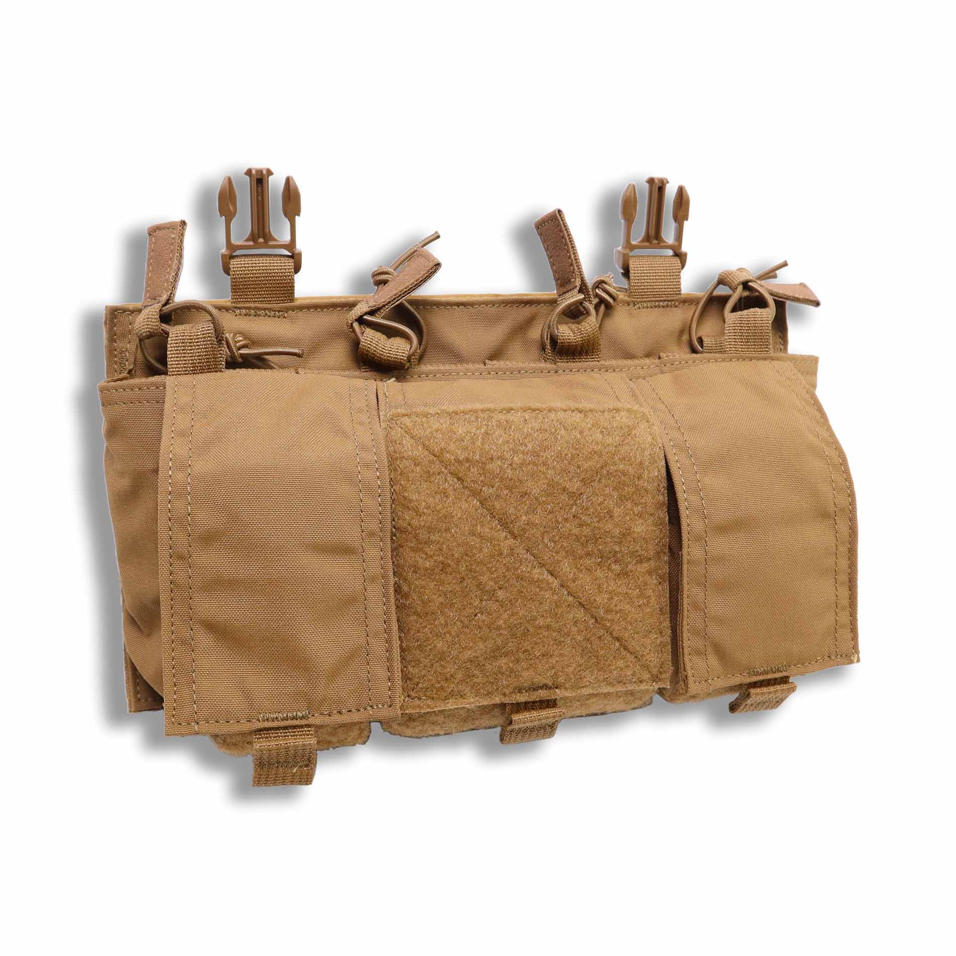 Velocity Systems Quad 5.56 SwiftClip Placard GP in Coyote Brown front product image, modular 5.56 magazine placard with integrated general purpose storage pouches and SwiftClip attachment system built for plate carriers and chest rigs