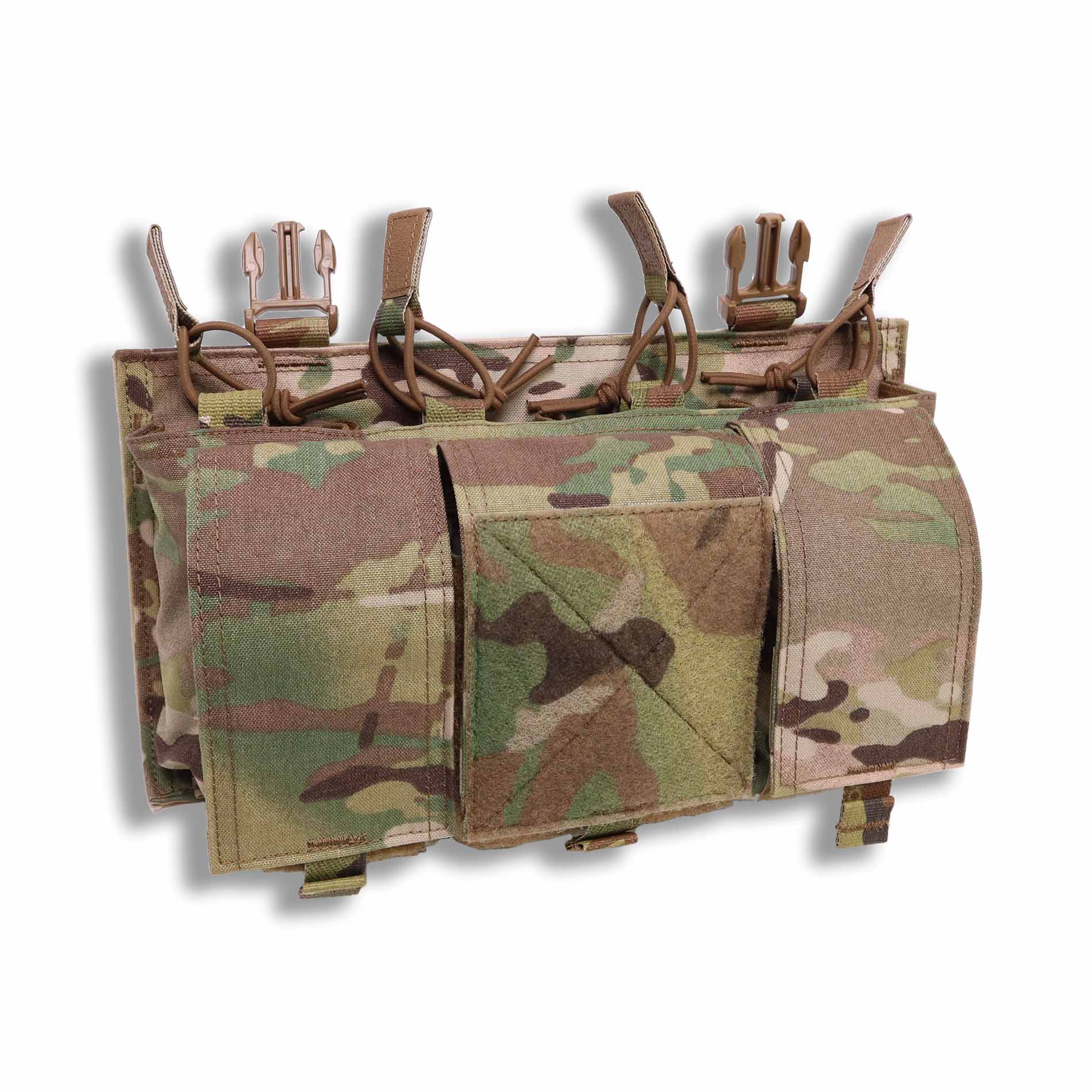 Velocity Systems Quad 5.56 SwiftClip Placard GP in MultiCam front product view, modular chest rig placard holding four 5.56 magazines with three general purpose pouches and SwiftClip compatible attachment system built for streamlined tactical loadouts