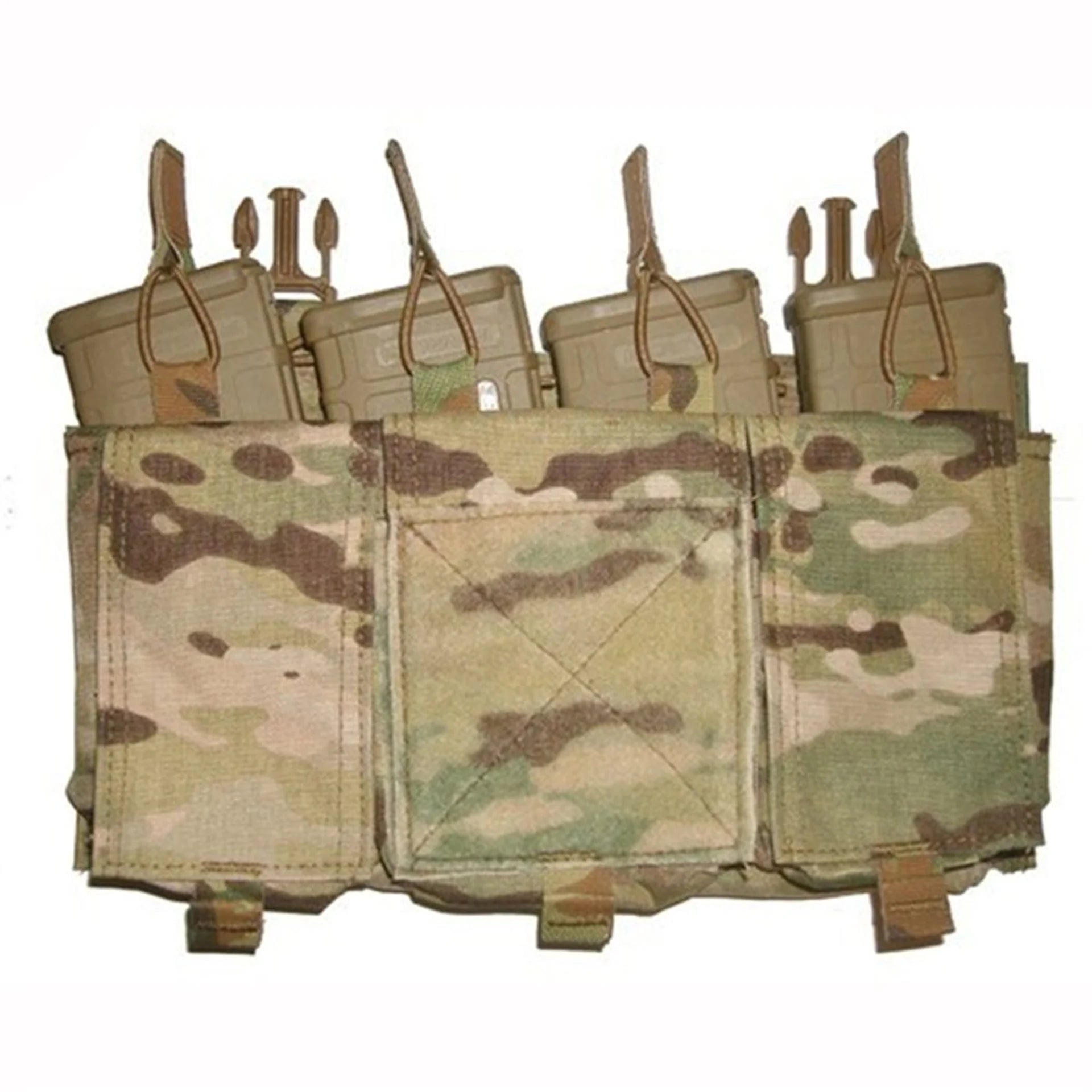 Front view of Velocity Systems Quad 5.56 SwiftClip Placard GP in MultiCam loaded with four 5.56 rifle magazines and front GP pouches, modular SwiftClip chest rig placard built for fast reload access and organized tactical storage
