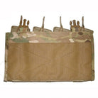 Rear view of Velocity Systems Quad 5.56 SwiftClip Placard GP in MultiCam showing hook and loop backing panel with four 5.56 magazines inserted, SwiftClip compatible placard designed for secure plate carrier mounting and modular loadout configuration