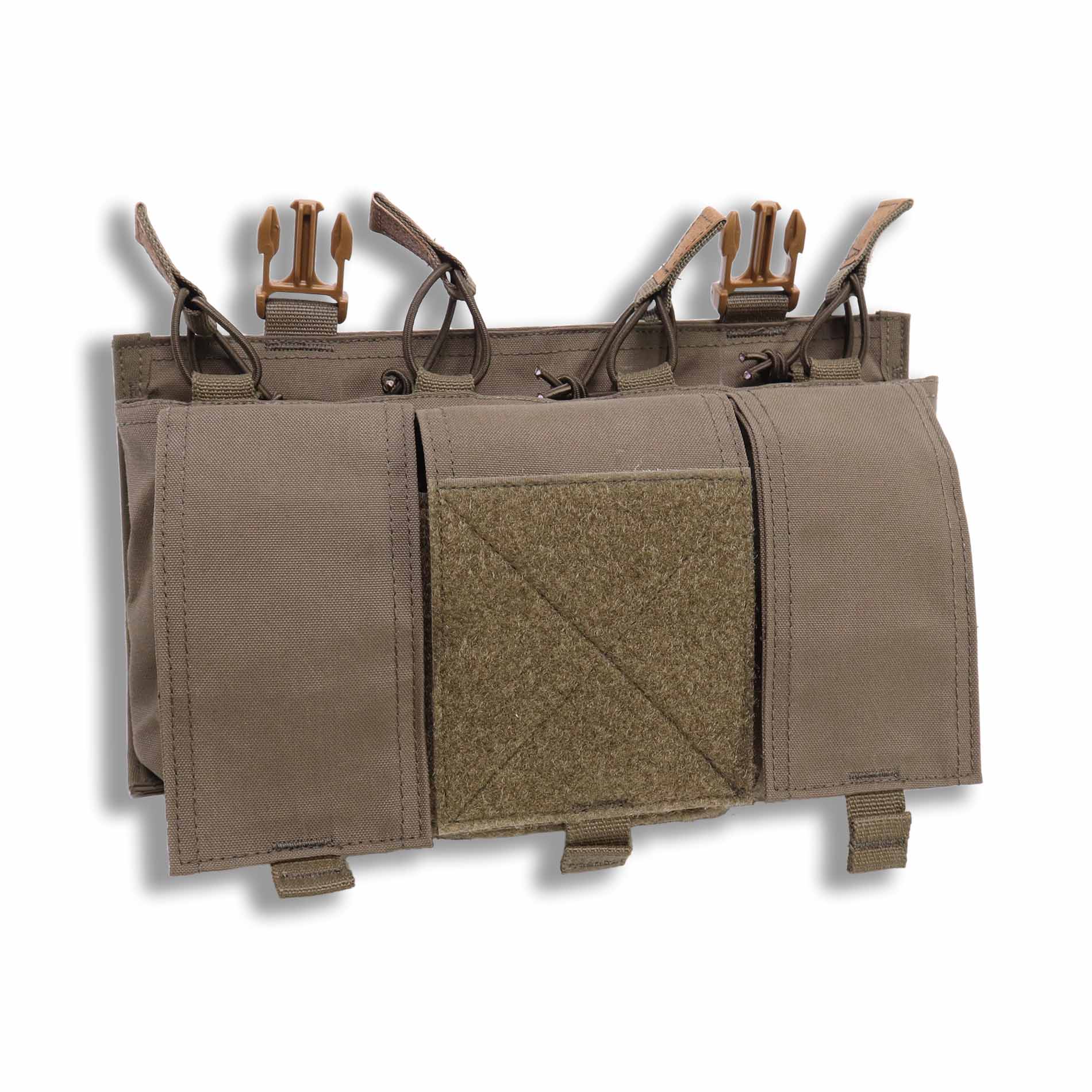 Velocity Systems Quad 5.56 SwiftClip Placard GP in Ranger Green front product shot, modular chest rig placard holding four 5.56 magazines with three GP storage pouches and SwiftClip compatible mounting system for streamlined plate carrier setups