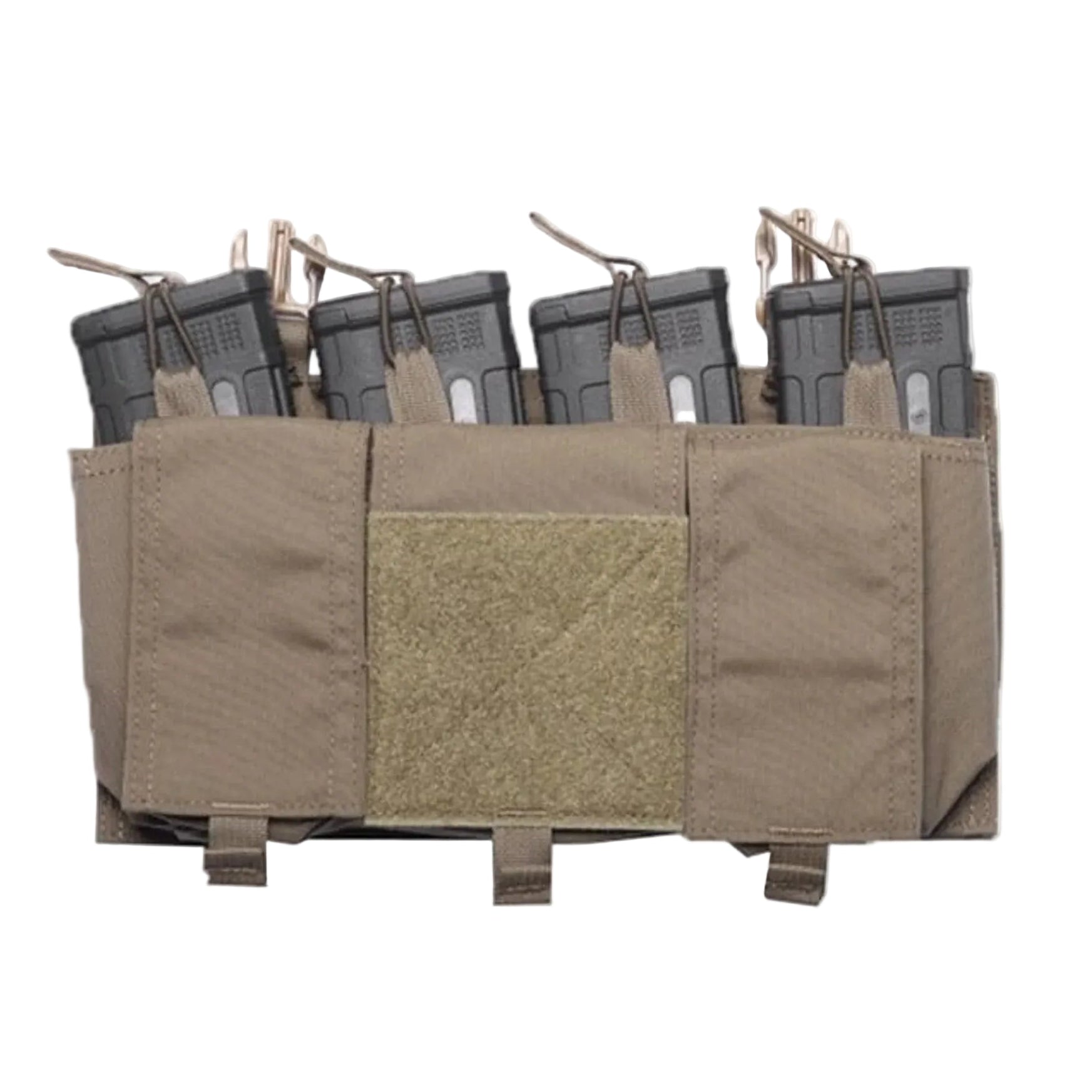 Velocity Systems Quad 5.56 SwiftClip Placard GP in Ranger Green loaded with four 5.56 magazines, front angle product view showing GP storage pouches and SwiftClip compatible modular chest rig design for tactical plate carrier setups