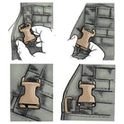 Step-by-step illustration showing the installation process for the Velocity Systems SwiftClip Kit, demonstrating how the side release buckles weave through MOLLE webbing and secure to compatible plate carriers and chest rigs.