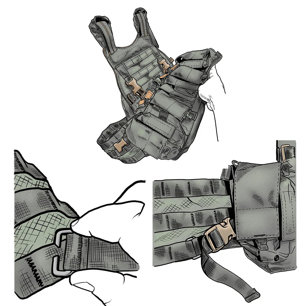 Illustrated guide showing the Velocity Systems SwiftClip Kit installed on a plate carrier and chest rig, demonstrating how the side release buckles attach modular load-bearing equipment for rapid configuration changes and secure mounting.