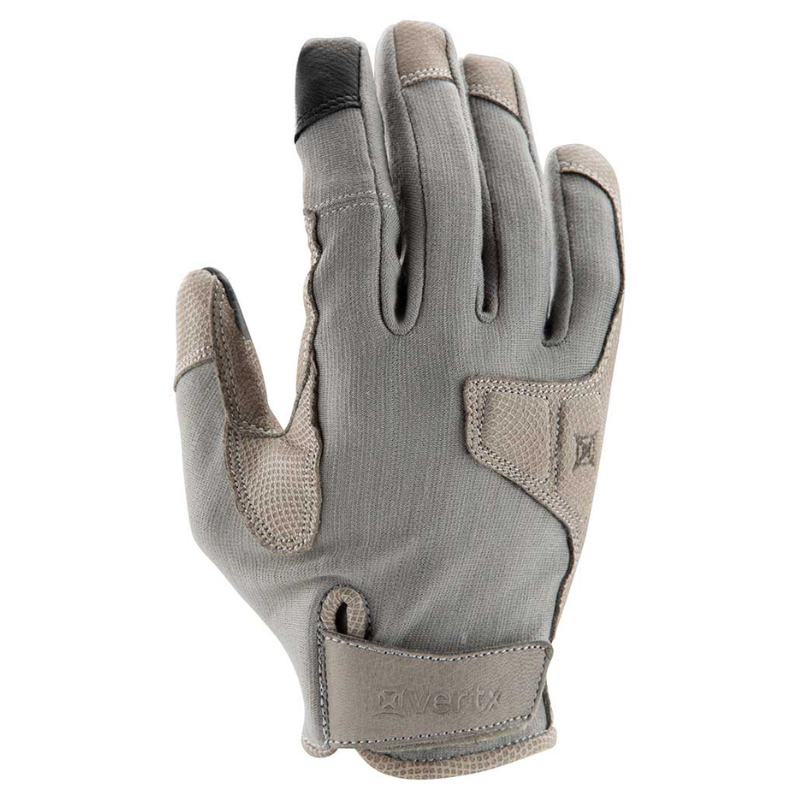 A single gray knit tactical glove with mono colored panels on the back of the hand and fingers, shown against a plain white background.