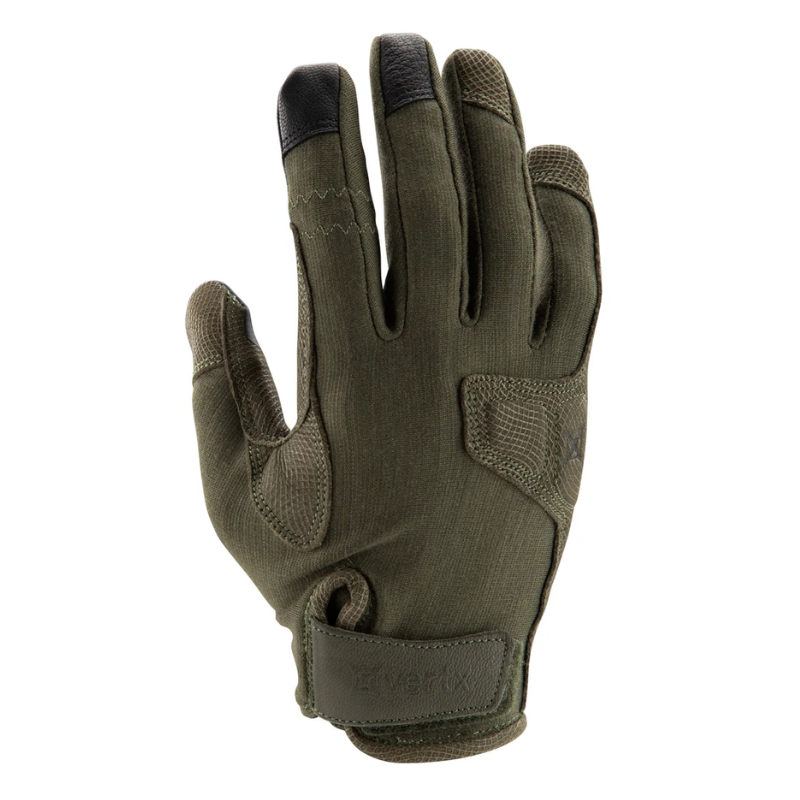 A ranger green tactical glove with black reinforced fingertips and textured grip panels, shown against a plain white background.