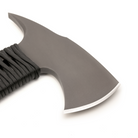 Close-up of a tactical axe with a black handle on a white background