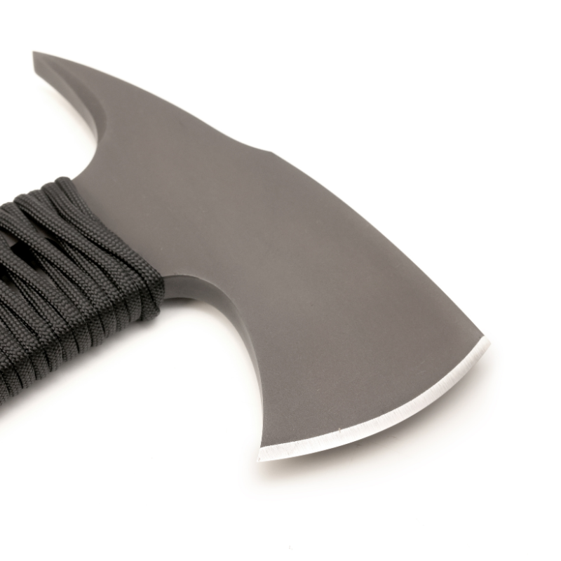 Close-up of a tactical axe with a black handle on a white background