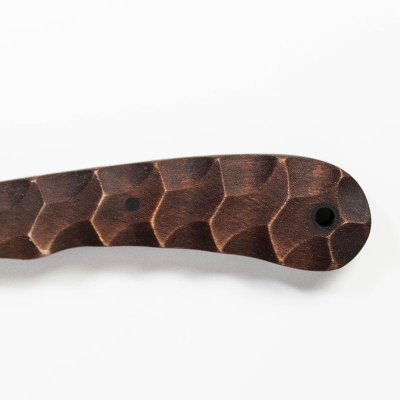 Close up of sculpted maple handle scales on Winkler WK Operator Knife highlighting ergonomic contouring and hardware