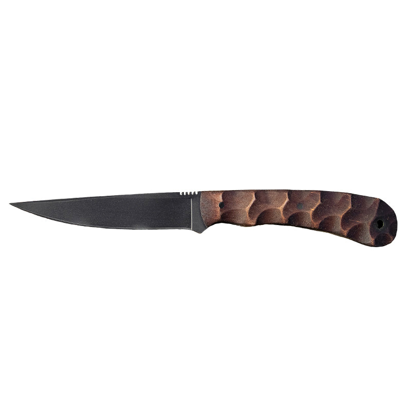 Winkler WK Operator Knife walnut sculpted version showing ergonomic contoured wood grip, thumb index file work, and black oxide 80CrV2 steel blade designed for combat utility, bushcraft, and professional duty carry
