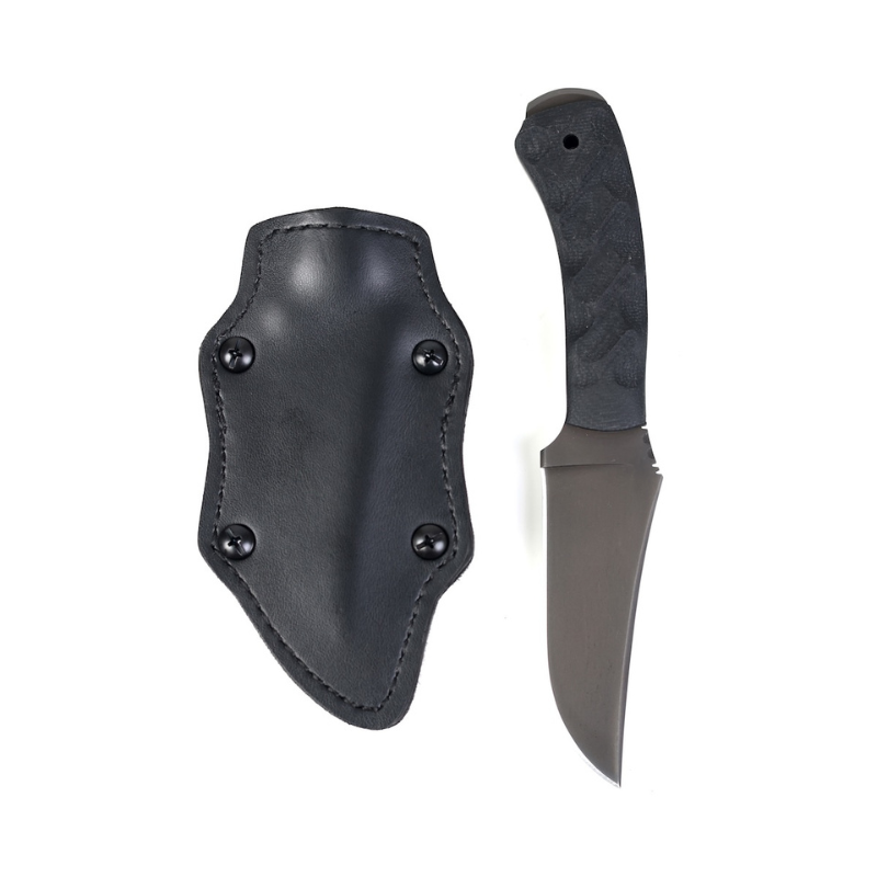 Winkler Blue Ridge Crusher sculpted black laminate handle fixed blade positioned next to premium leather wrapped Boltaron sheath
