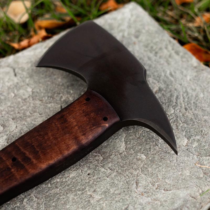Side profile of Winkler Combat Axe maple smooth handle version showing 5 7/8 inch head length, skeletonized full tapered tang, and combat ready spike design