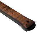 Close up of smooth maple hardwood handle on Winkler Combat Axe showing ergonomic grip contour and precision fit to skeletonized full tang tactical breaching axe