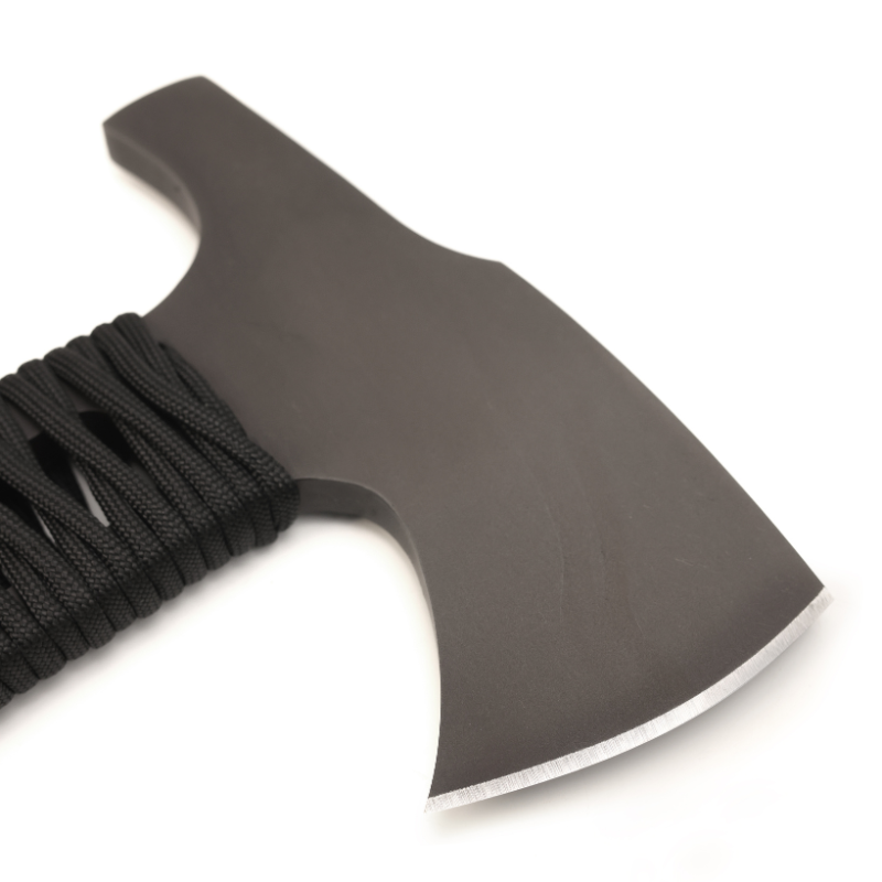 Close detail of cutting edge on Winkler Hammer Combat Axe walnut tactical breaching tool with black oxide steel head