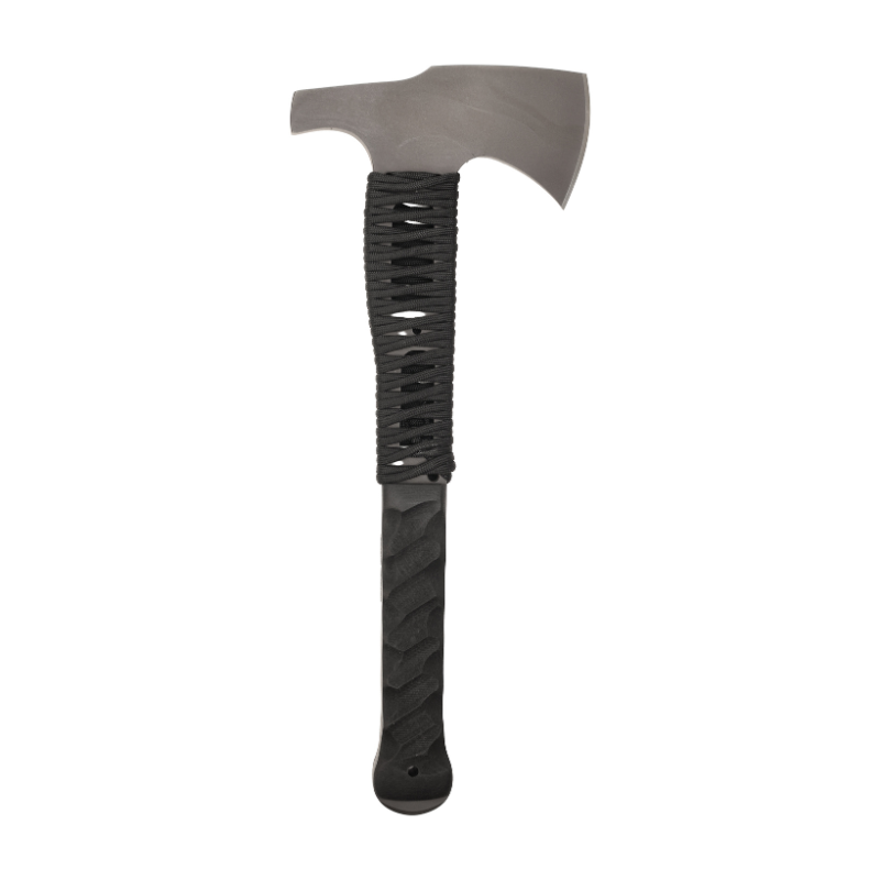 Winkler Hammer Combat Axe black canvas laminate sculpted handle with cord wrap showing hammer pole breaching head and skeletonized full tang construction