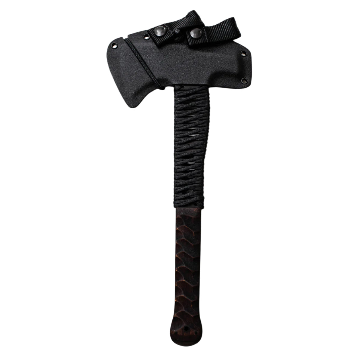Winkler Hammer Combat Axe maple sculpted handle with cord wrap showing skeletonized full tang and breaching ready hammer poll