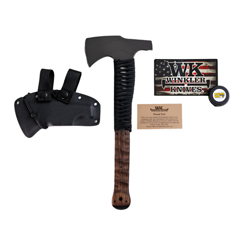 Side profile of Winkler Hammer Combat Axe maple handle showcasing compact combat axe design with hammer pole configuration